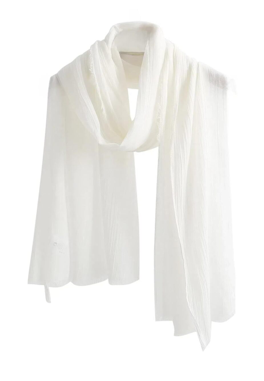2505 Pure White Cotton Scarf Wrinkled Style Lightweight Wrap and Frayed